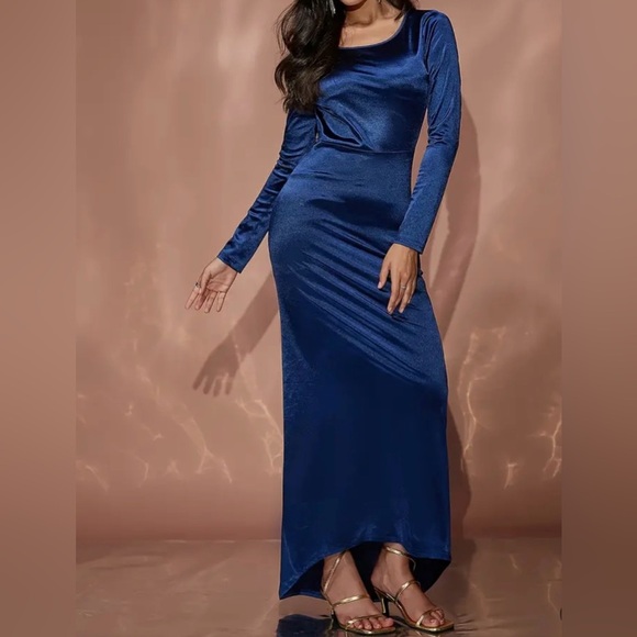 Blue Long Sleeve Backless Bodycon Maxi Dress - Picture 3 of 7